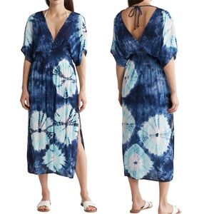 Kimono Slide Slit Maxi Dress Blue Tie Dye Smocked Waist Boho XL NWT